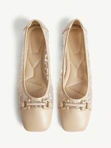 CUCCOO CHICEST 方头乐福鞋，软底，网眼拼接，搭扣装饰，时尚优雅百搭舒适平底杏色鞋 - 杏色 - 查看 1