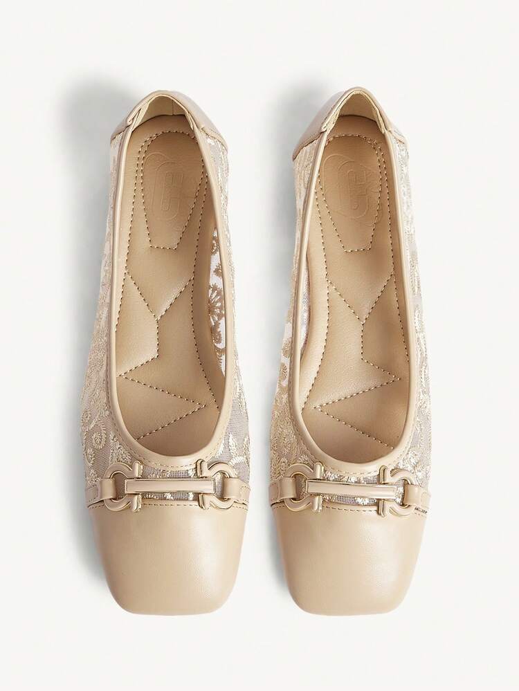 CUCCOO CHICEST Square Toe Loafers, Soft Sole, Mesh Patchwork, Buckle Decor, Fashionable Elegant Versatile Comfortable Slip-On Flat Apricot Shoes Wedding Shoes Spring Shoes Bride Shoes