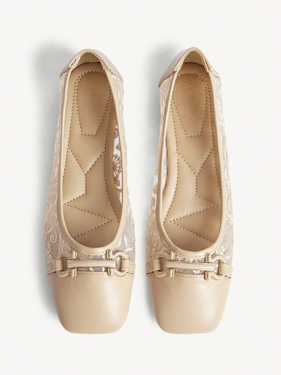 CUCCOO CHICEST 方头乐福鞋，软底，网眼拼接，搭扣装饰，时尚优雅百搭舒适平底杏色鞋 - 杏色 - 查看 1