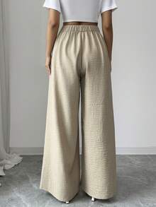 Elenzga 优雅新款都市时尚女式高腰A字超阔腿杏色纹理裤，适合日常穿着、婚礼、晚宴、通勤、毕业派对、节日、约会、聚会、万圣节、圣诞节、新年、感恩节、婚礼套装等场合。 - 杏色 - 查看 2