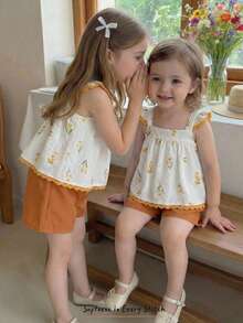 Cozy Pixies 2pcs Baby Girl Floral Print Ruffle Trim Sleeveless Top And Elastic Waist Pants Set,White Summer Cute Vacation Sunflower Outfit Vintage Style Clothes - Multicolor - View 1