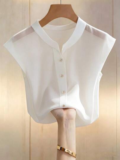 Franclia Blusa corta de mujer con cuello alto, manga corta, botones delanteros, cintura ceñida y bajo acampanado