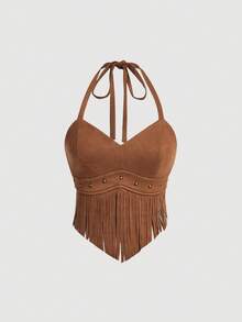 SHEIN MOD 女士复古嬉皮铆钉流苏棕色麂皮A字裙套装，秋季裙装，纳什维尔风格穿搭，海盗风半裙 - 棕色 - 查看 6