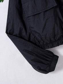 Tween Girl Plain Drop Shoulder Long Sleeve Utility Pocket Zip Front Hoodie Jacket - Black - View 4