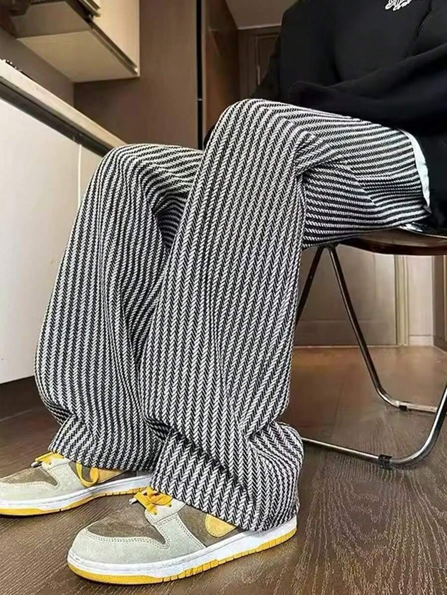 Manfinity Hypemode Men's Simple Striped Drawstring Casual Long Pants, Everyday Wear, Fall - Black and White - View 1