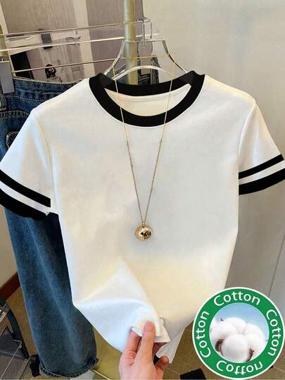 INAWLY 女士T恤/纯色休闲简约时尚上衣/适合夏季/时尚女士短袖棉质面料/女士宽松休闲撞色圆领T恤/春夏款式