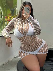 Swim SXY Women's Sexy Hollow-Out Long Sleeve Cover-Up Dress - White - View 7