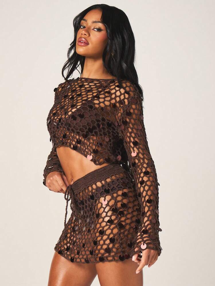 MISSGUIDED Women's Crochet Cover Up Mesh Sequin Embellished Long Sleeve Crop Top Beach Vacation Resort