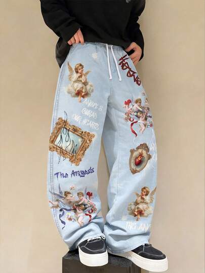 STEELVANCE Renaissance Angel Flame Print Relaxed Fit Straight Leg Casual Sweatpants For Men, Fashionable For Dates, Parties, Ideal Gift For Boyfriend