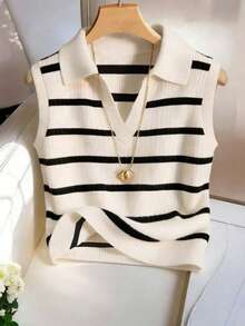 INAWLY 女士休闲优雅针织翻领条纹背心 - 黑與白 - 查看 1
