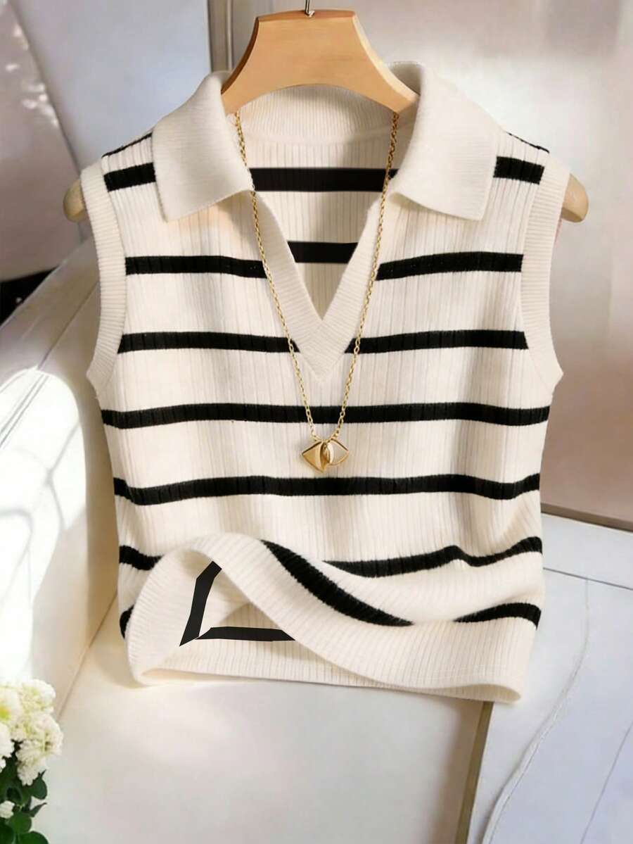 INAWLY 女士休闲优雅针织翻领条纹背心 - 黑與白 - 查看 1