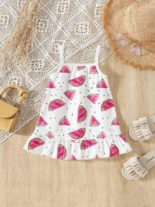 Infant Girls' Casual Watermelon Print Sleeveless Ruffle Hem Dress, Comfortable Daily Wear, Spring/Summer - Multicolor - View 2