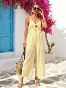 Vivid Eden 女士度假休闲条纹连体裤 - 鵝黃色 - 查看 16