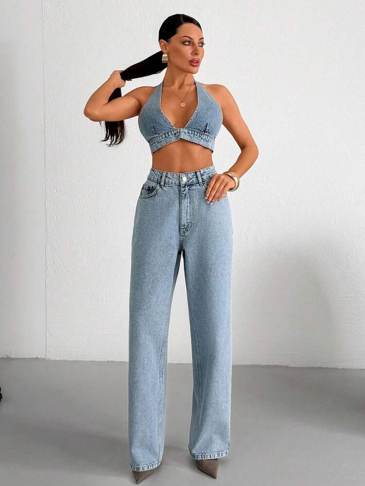 SHEIN 上衣和牛仔裤两件套牛仔套装 - 淺色水洗藍 - 查看 3