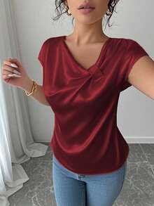 Franclia 女式法式蝴蝶结元素衬衫，女式杏色不对称领衬衫 - 酒紅色 - 查看 3