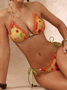 Lumalex 扎染花卉印花串珠配饰，小花朵吊坠，项链系绳，比基尼泳装两件套 - 彩色 - 查看 12