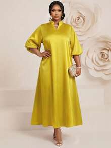 Fleurora 春夏优雅端庄派对婚礼鸡尾酒会音乐会/音乐节金色织缎立领舞会礼服荷叶边A字裙 - 黃色 - 查看 4