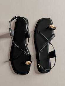 Hauture 女士时尚休闲方头系带人字凉鞋，镀金装饰 - 黑色 - 查看 7