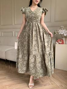 DAZY Vestido de verano elegante con escote en V, mangas de campana y estampado floral jacquard para mujer - Verde - Ver 3