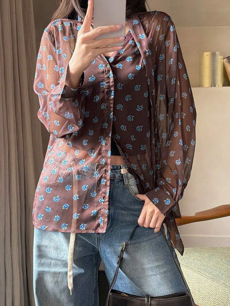 Women's V-Neck Ribbon Decor Long Sleeve Open Front Allover Print Loose Elegant Semi-Sheer Blouse