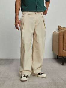 GALLERY FADE 男士杏色休闲宽松褶裥长裤，日常百搭，INS风格 - 杏色 - 查看 5