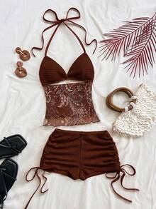 Soleia 女士复古度假风V领露背系带修身撞色上衣搭配低腰褶皱抽绳短裤两件套，适合派对、圣诞节、约会、夜店、海滩、邮轮、下午茶、波西米亚风、度假、秋季等场合。 - 棕色 - 查看 6