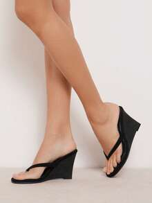 SHUZIA Sandal đế xuồng quai ngang tối giản bằng da lộn giả dành cho nữ - màu đen - Xem 2