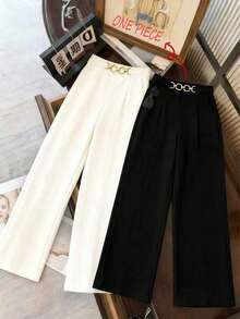 Franclia 时尚高腰休闲直筒裤，宽松腰部装饰纽扣垂褶阔腿裤，女士款 - 黑色 - 查看 1