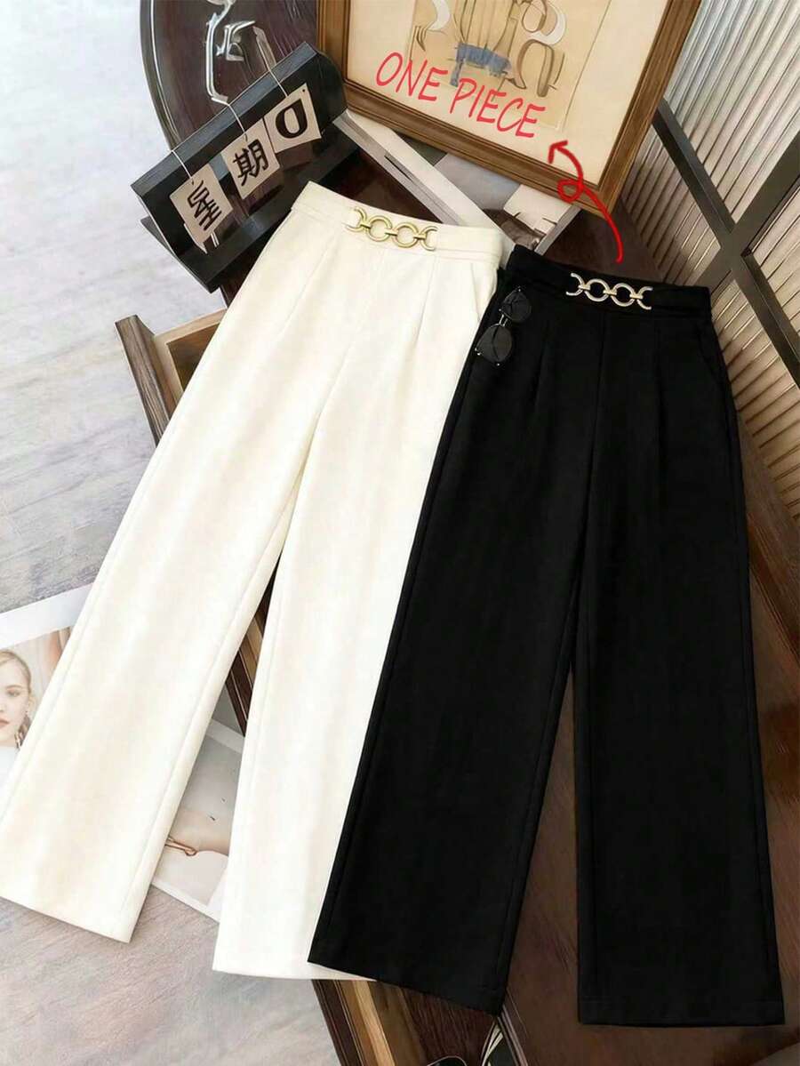 Franclia 时尚高腰休闲直筒裤，宽松腰部装饰纽扣垂褶阔腿裤，女士款 - 黑色 - 查看 1