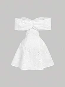 SHEIN MOD Women's Off-Shoulder Bowknot Eyelet Embroidery Off-Shoulder Mini Dress,Summer Dresses For Women - White - View 2