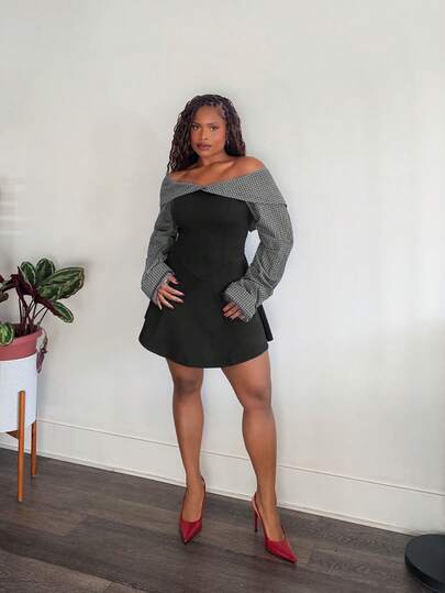 Tyla Gomez 女式秋冬学院风简约巴多褶饰腰部撞色迷你连衣裙，凸显身材