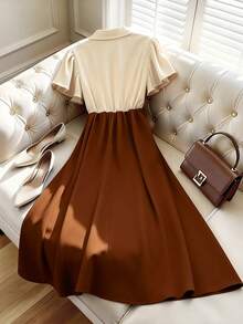GlowEve Vestido midi de manga corta de bloque de color con decoración de hebilla metálica, volantes, cintura ceñida y línea A, elegante para uso diario, vacaciones, oficina, citas, estilo francés retro y versátil, en color albaricoque y marrón con bordado de bloque de color - Multicolor - Ver 2