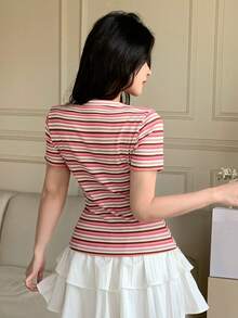 DAZY 女士休闲条纹圆领衬衫，夏季 - 粉色 - 查看 2