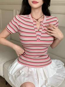 DAZY 女士休闲条纹圆领衬衫，夏季 - 粉色 - 查看 3