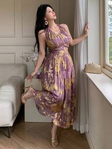 DAZY 女士优雅印花露背吊带收腰中长连衣裙，夏季 - 紫色 - 查看 5