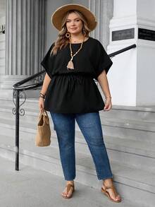 SHEIN CURVE+ 大码圆领蝙蝠袖休闲纯色衬衫，骄傲生活，LGBTQ女同性恋骄傲，女性骄傲，彩虹骄傲礼物，骄傲月可打印，女士夏季上衣，夏季上衣，度假女士，外出上衣，乡村音乐会，可爱夏季上衣/2026/新年 - 黑色 - 查看 8