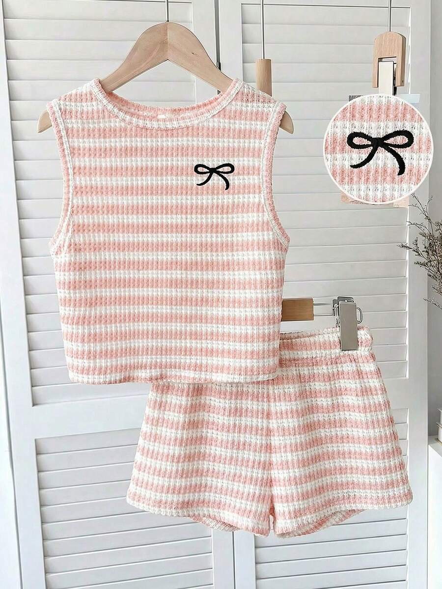 SHEIN Tween Girl Slim Fit Casual Minimalist Comfortable Round Neck Sleeveless Striped Bow Pattern Top And Pants Set Tween Girl - Pink - View 1