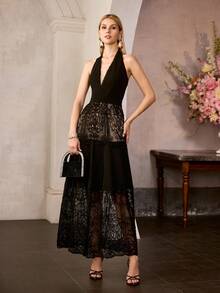 MOTF Soiréza WOMEN'S ELEGANT SLEEVELESS HALTER-NECK MAXI FORMAL DRESSES WITH LACE TRIM, IDEAL FOR WEDDINGS, GALA DINNERS, PARTIES, CELEBRATIONS, SPRING DRESSES SUMMER OUTFITS - Black - View 1