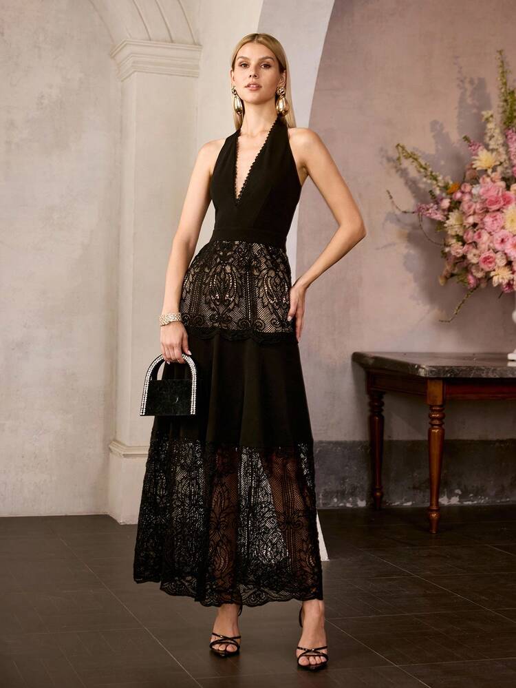 MOTF Soiréza WOMEN'S ELEGANT SLEEVELESS HALTER-NECK MAXI FORMAL DRESSES WITH LACE TRIM, IDEAL FOR WEDDINGS, GALA DINNERS, PARTIES, CELEBRATIONS, SPRING DRESSES SUMMER OUTFITS
