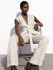 Aveloria Modichic Bộ vest nữ tối giản, thanh lịch, chất lượng cao, tiện dụng hàng ngày, mang phong cách cổ điển, sang trọng, không tay, in họa tiết hình thoi nghệ thuật, kèm thắt lưng và quần ống đứng. - Màu Khaki - Xem 7