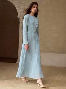 MOTF PREMIUM Đầm chiffon ren tương phản màu xanh dương, xếp ly, phối ren, dành cho nữ, mùa xuân/hè, kiểu dáng thanh lịch, ôm sát. - Màu xanh nước - Xem 7