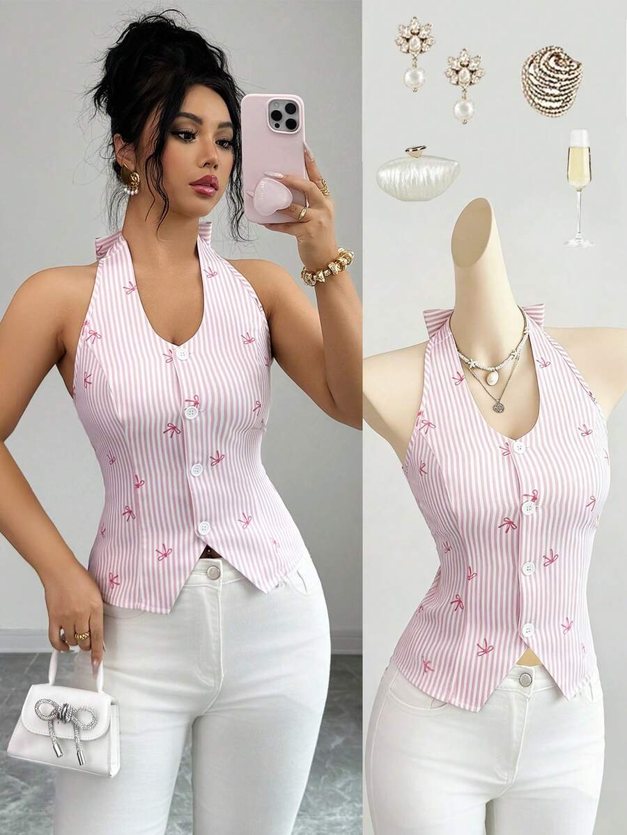 SHEIN Elenzya Áo tank top không tay ôm sát in họa tiết nơ và sọc dành cho nữ