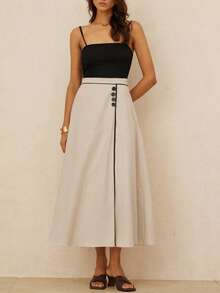 BELROSIE French Elegant & Luxurious Women's Asymmetric Hem Maxi Skirt With Contrast Color Trim And Buckle Decor - Multicolor - View 2