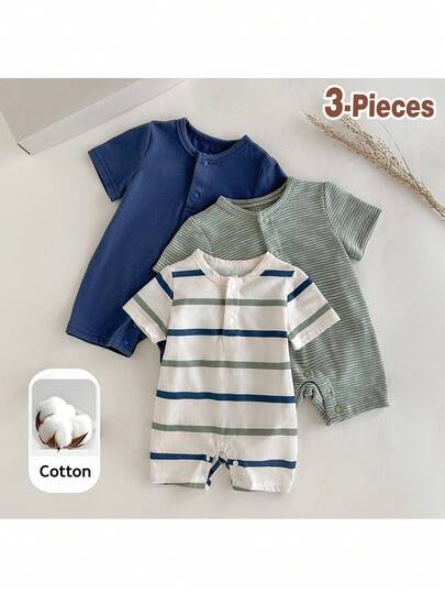 Loomiva 3件套新生儿男/女宝宝柔软针织圆领短袖连体衣和短裤套装