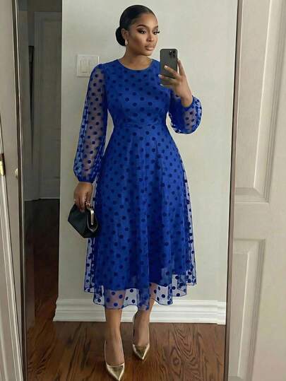SHEIN Lady Plus Size Elegant Polka Dot Mesh Midi Royal Blue Dress For Commuting  Summer Dress Spring Dress Royal Blue Elegant Dress Women Long Sleeve Blue Dress Going Out Casual Dresses For Women