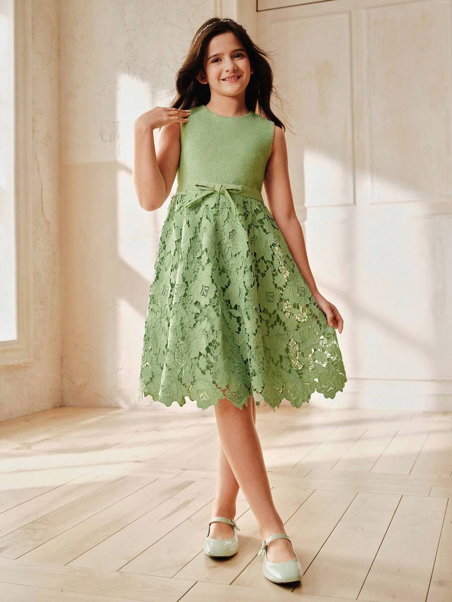 Anewsta Girls' Sleeveless Lace A-Line Dress, Green, Summer Style Sleeveless Children Dress - Green - View 1