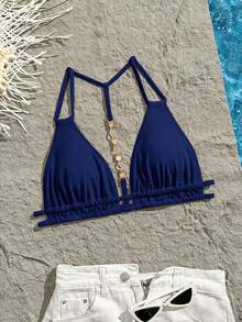 Swim Vcay Women's Summer Beach Solid Color Ruched Halter Tie Sexy Bikini Top - Navy Blue - View 2