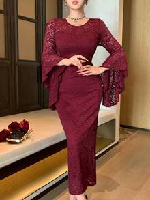DAZY Vintage Lace Handmade Dress, Gentle Elegant Mermaid Long Sleeve Bodycon Dress Sun Dresses For Women - Red - View 8