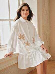 Anewsta Girls' Spring/Summer Casual White Embroidered Shirt Dress, Lantern Elastic Waist Embroidered Girls' Dress - White - View 7