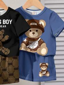 SHEIN Conjunto de 4 camisetas casuais para bebê menino, ideal para primavera e verão, com estampa clássica de urso de desenho animado e floral retrô. - Multicolorido - Ver 3